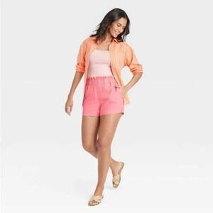 A New Day Paperbag Waist Linen Blend‎ Shorts Pink XS High Rise Elastic
